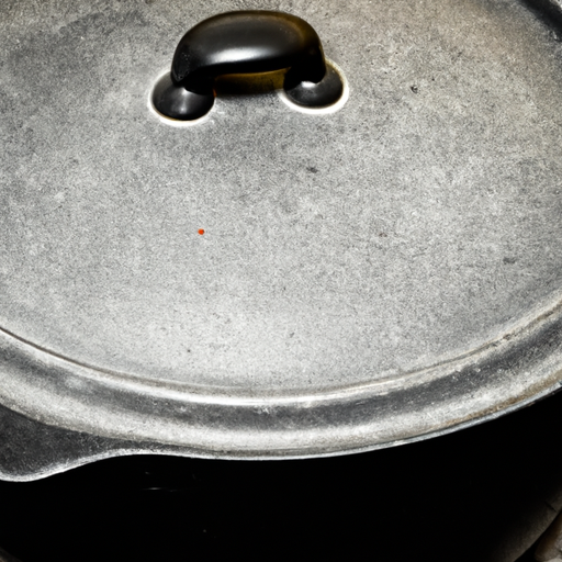 A close-up of a seasoned cast iron Dutch oven.